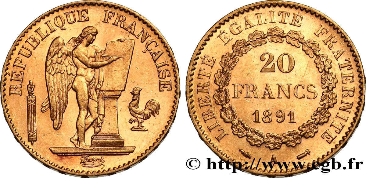 20 francs or Génie, IIIe République 1891 Paris F.533/15 MS62 