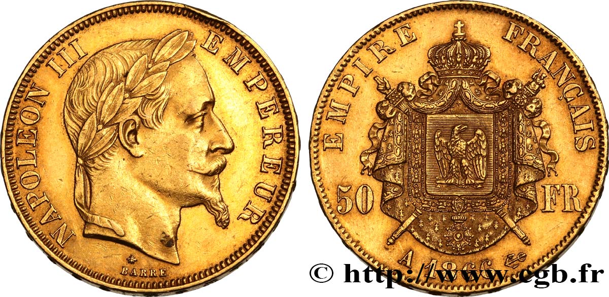50 francs or Napoléon III, tête laurée 1866 Paris F.548/6 EBC 