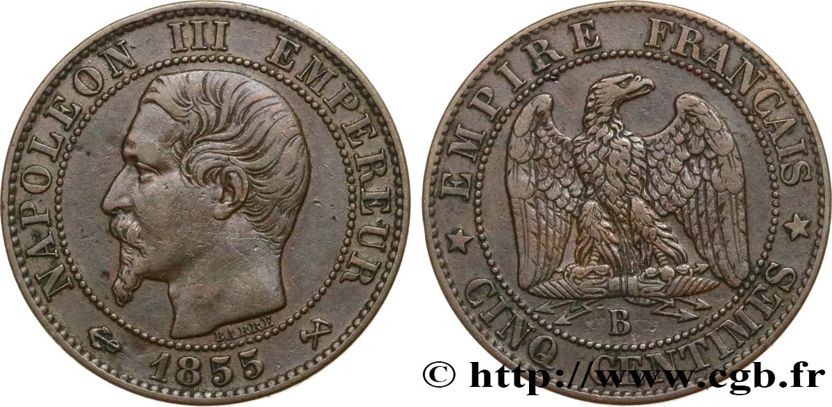 Cinq centimes Napoléon III, tête nue 1855 Rouen F.116/19 BB45 