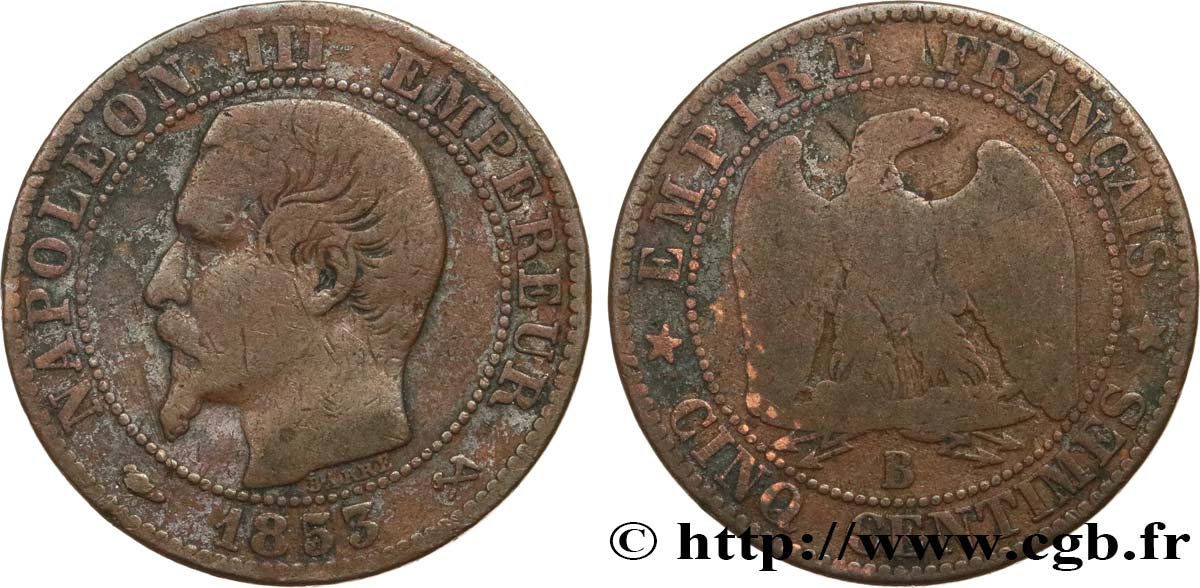 Cinq centimes Napoléon III, tête nue 1853 Rouen F.116/2 VG10 