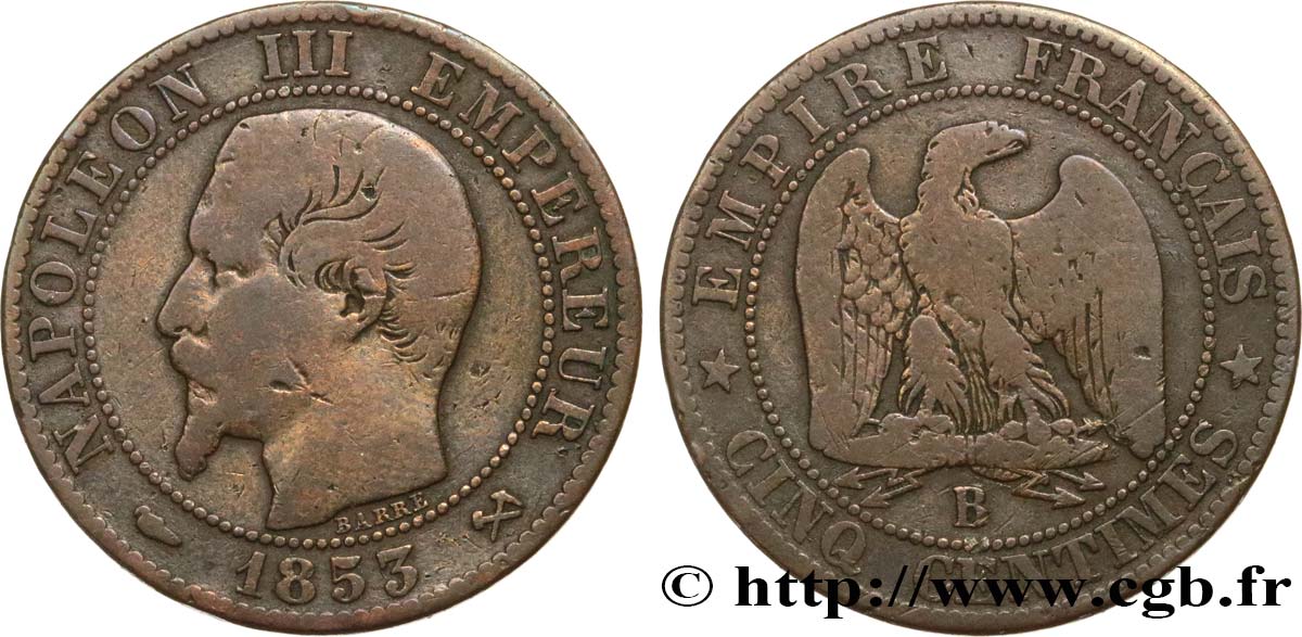 Cinq centimes Napoléon III, tête nue 1853 Rouen F.116/2 RC12 