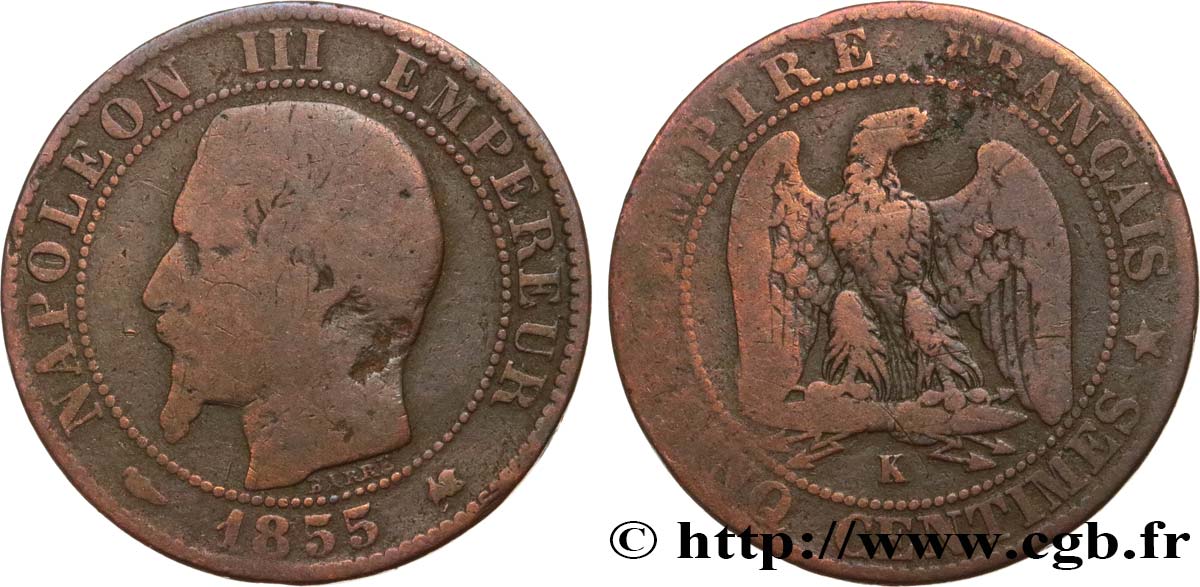 Cinq centimes Napoléon III, tête nue 1855 Bordeaux F.116/24 RC10 