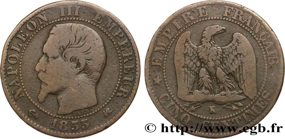 Cinq centimes Napoléon III, tête nue 1855 Bordeaux F.116/25 F15 
