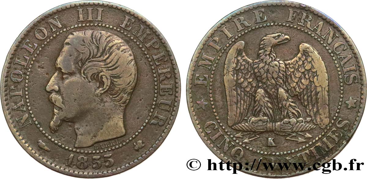 Cinq centimes Napoléon III, tête nue 1855 Bordeaux F.116/24 MB30 