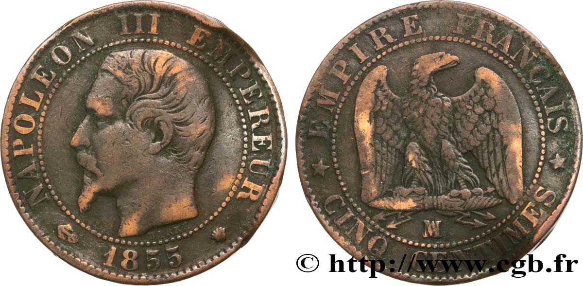 Cinq centimes Napoléon III, tête nue 1855 Marseille F.116/27 VF20 