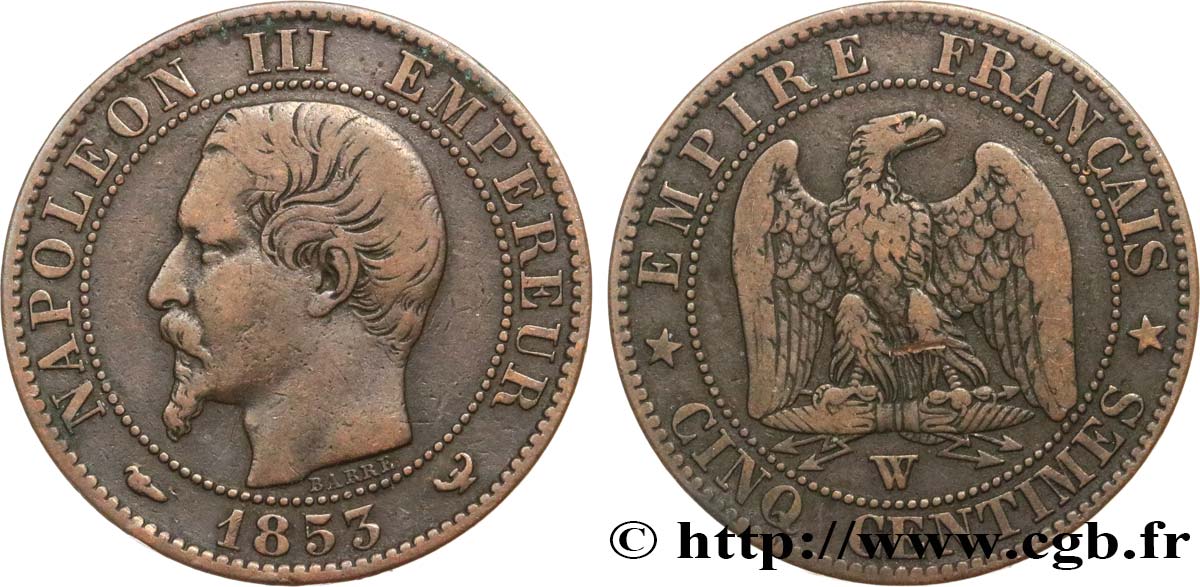 Cinq centimes Napoléon III, tête nue 1853 Lille F.116/7 TB20 