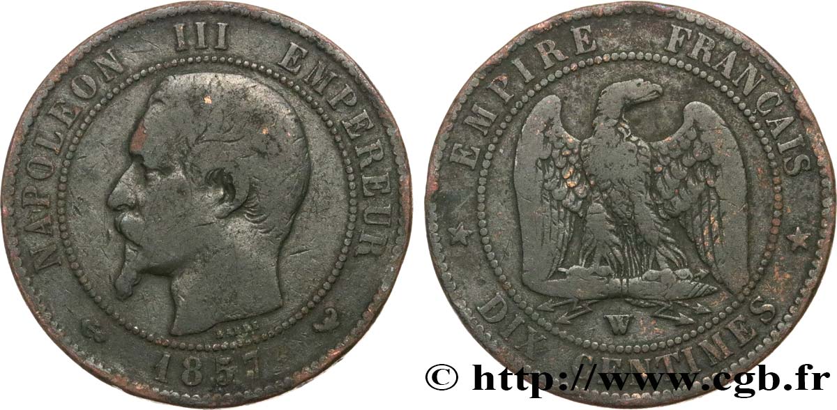 Dix centimes Napoléon III, tête nue 1857 Lille F.133/46 TB15 