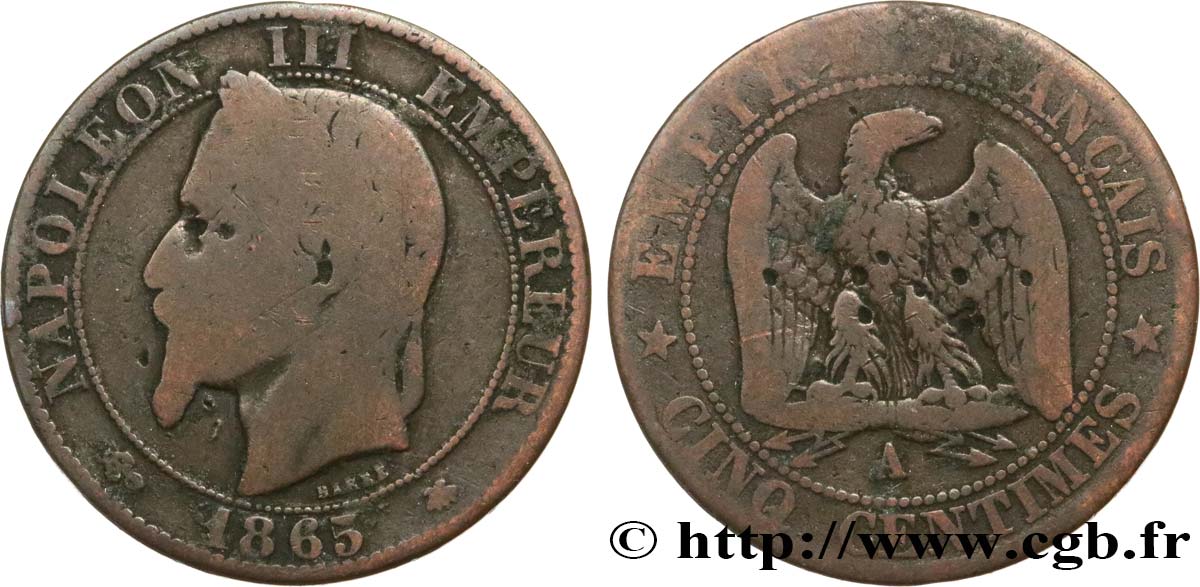 Cinq centimes Napoléon III, tête laurée 1865 Paris F.117/16 VG10 