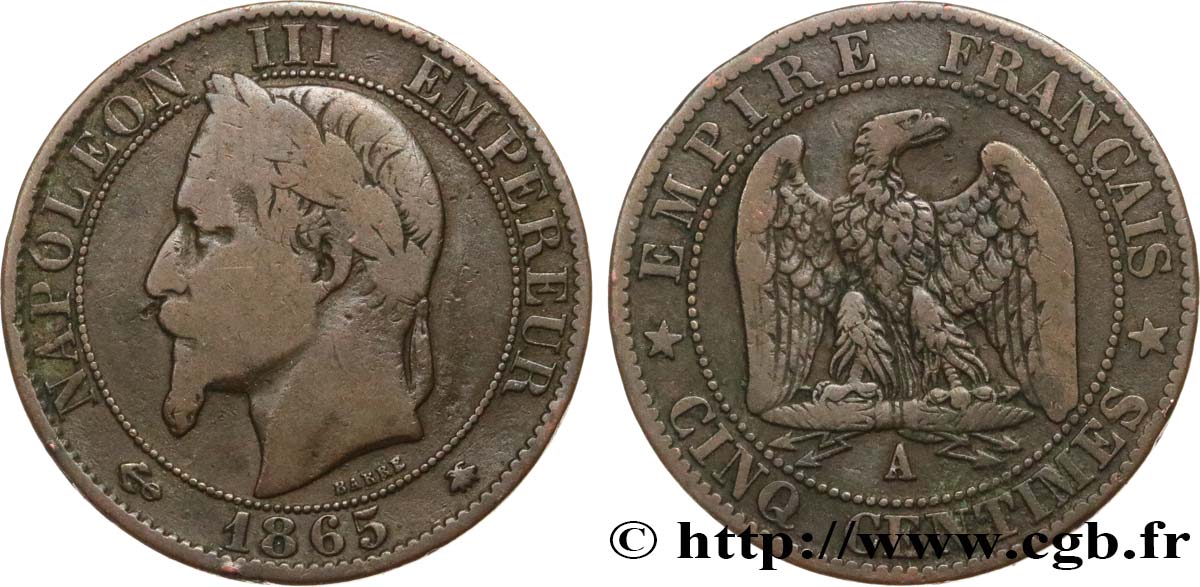 Cinq centimes Napoléon III, tête laurée 1865 Paris F.117/16 VF20 