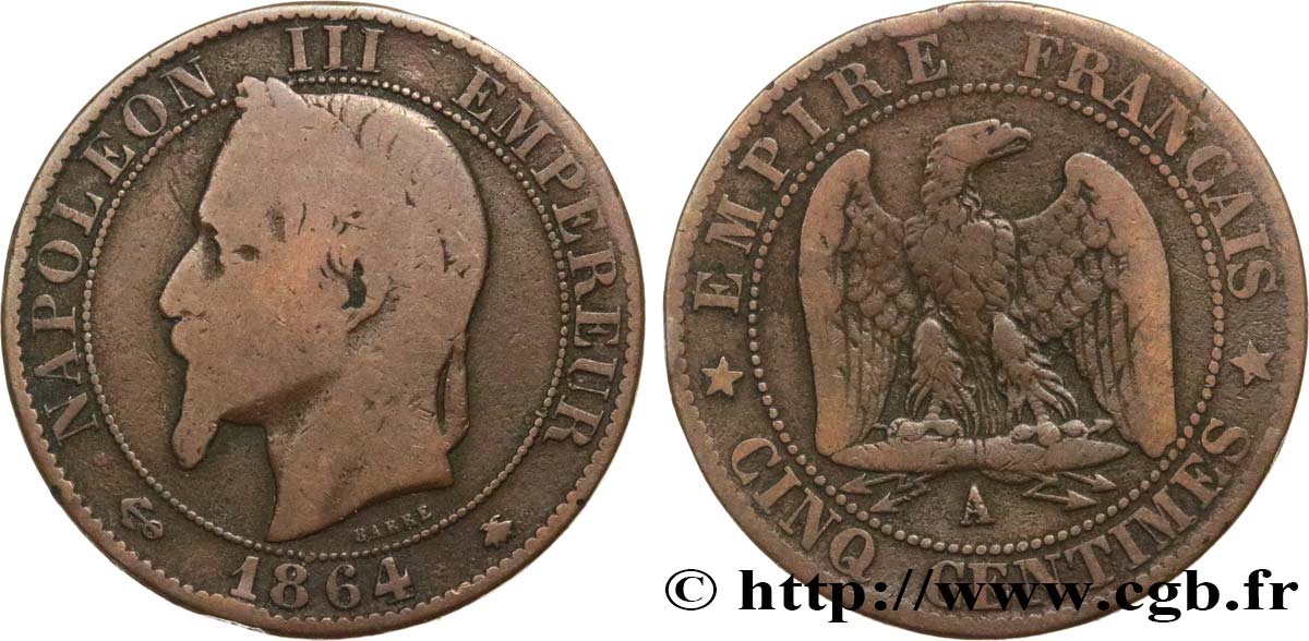 Cinq centimes Napoléon III, tête laurée 1864 Paris F.117/13 F 