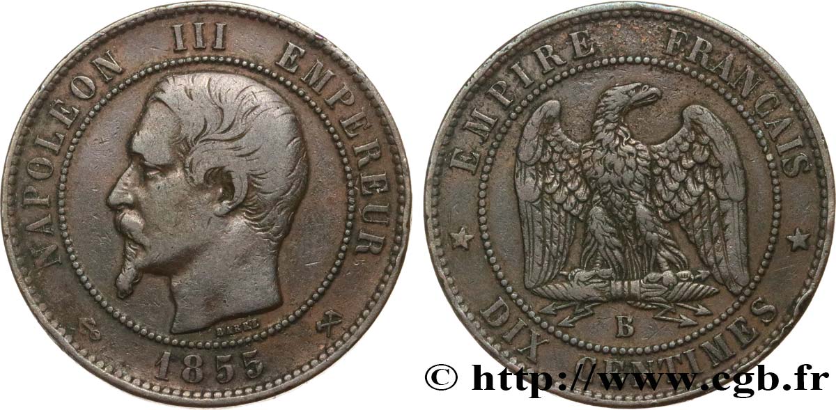 Dix centimes Napoléon III, tête nue 1855 Rouen F.133/21 TB35 