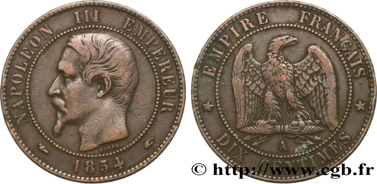 Dix centimes Napoléon III, tête nue 1854 Paris F.133/11 BC30 