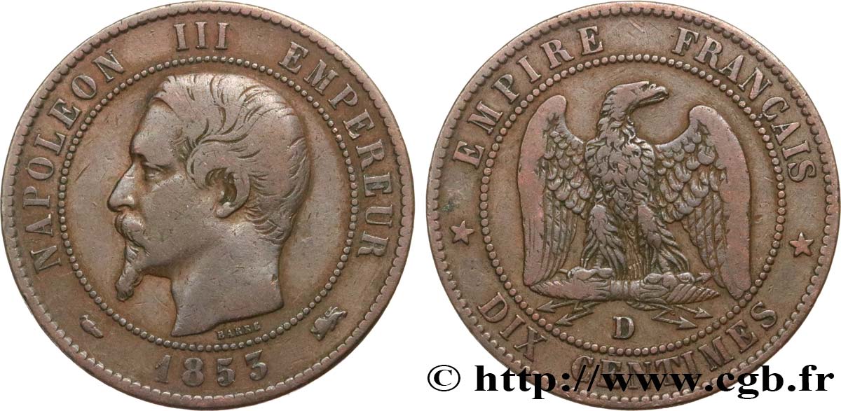Dix centimes Napoléon III, tête nue 1853 Lyon F.133/5 VF25 