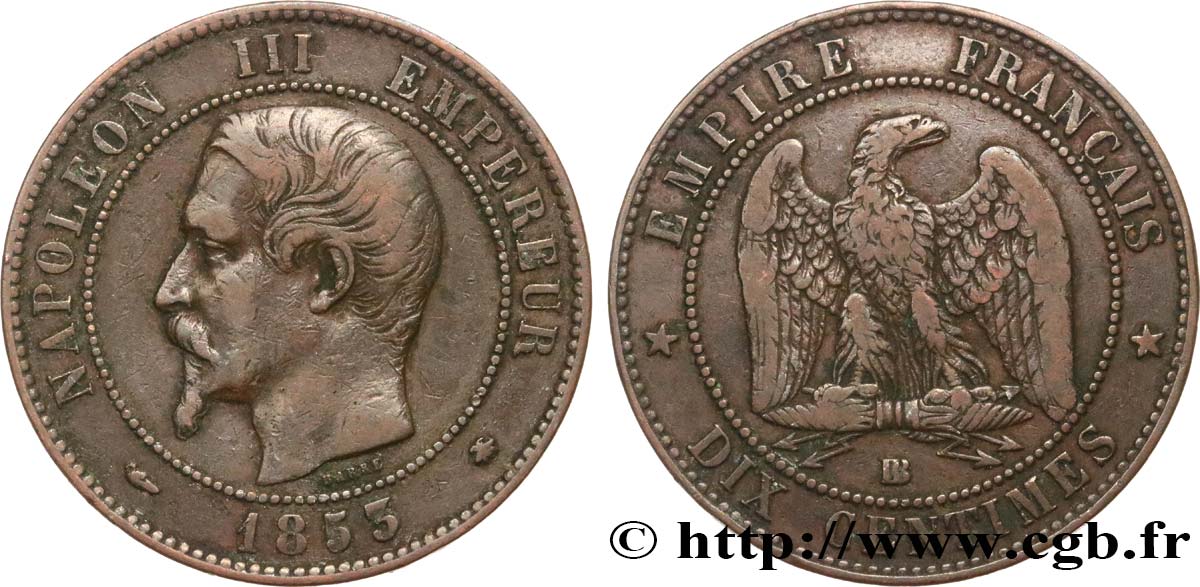 Dix centimes Napoléon III, tête nue 1853 Strasbourg F.133/4 TB30 