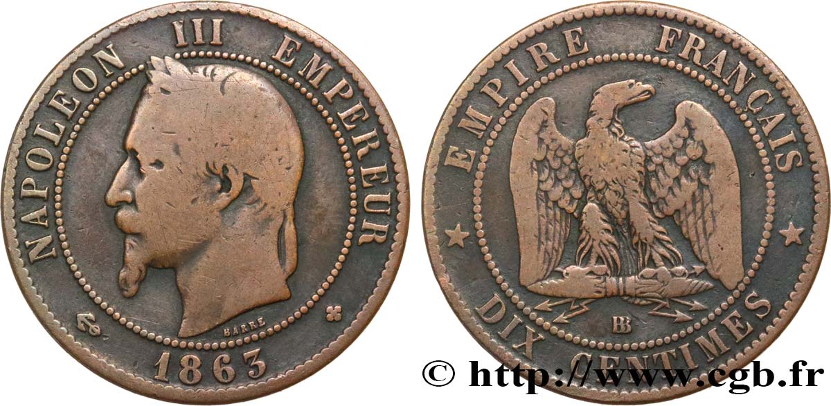 Dix centimes Napoléon III, tête laurée 1863 Strasbourg F.134/11 RC12 