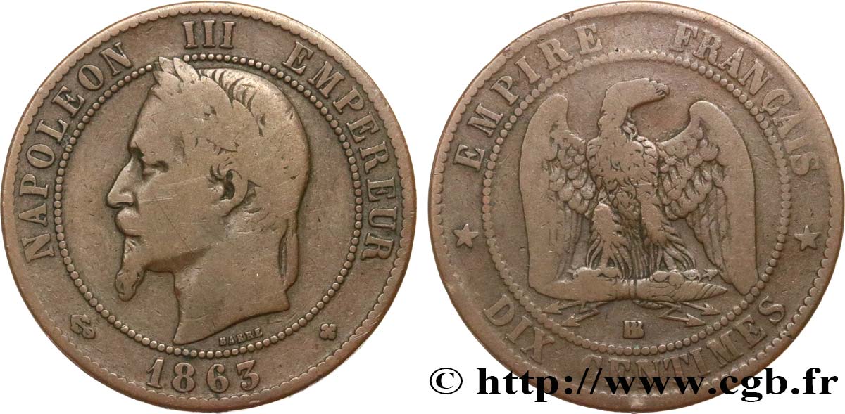 Dix centimes Napoléon III, tête laurée 1863 Strasbourg F.134/11 TB15 