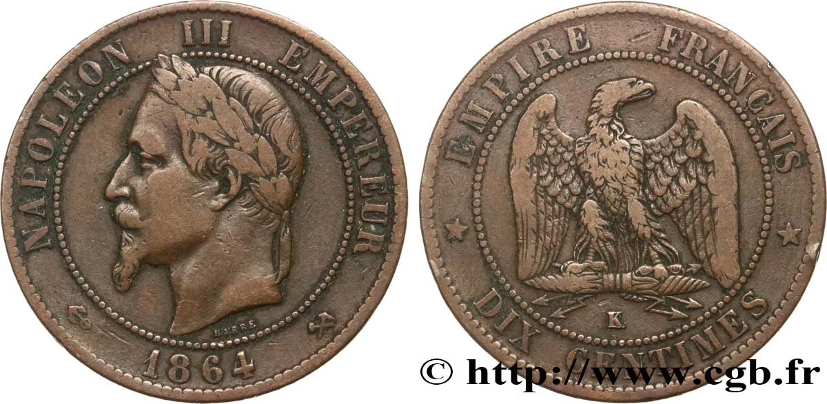 Dix centimes Napoléon III, tête laurée 1864 Bordeaux F.134/15 TB30 