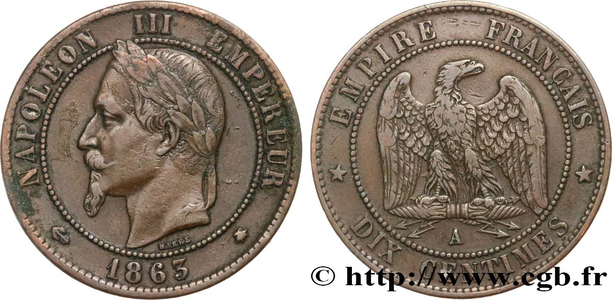 Dix centimes Napoléon III, tête laurée 1863 Paris F.134/10 SS40 