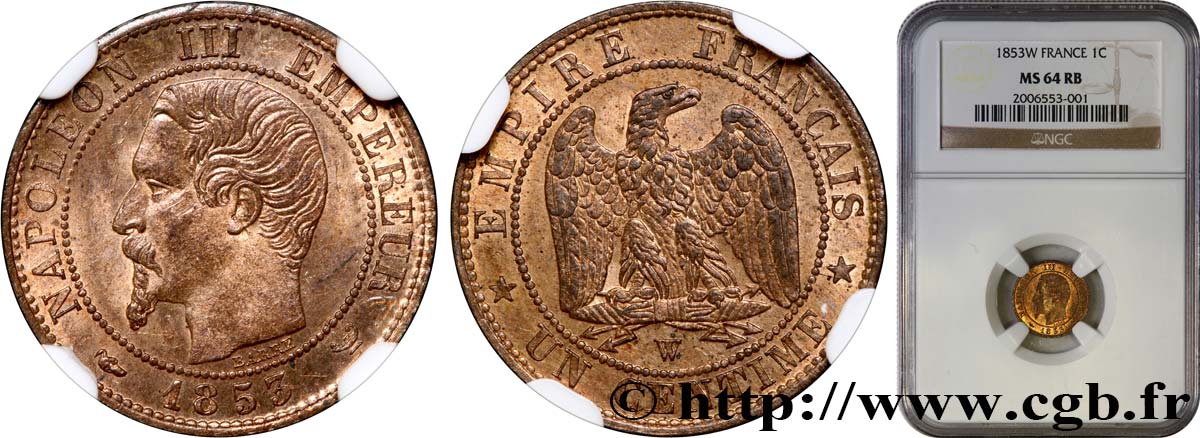 Un centime Napoléon III, tête nue 1853 Lille F.102/8 SPL64 NGC