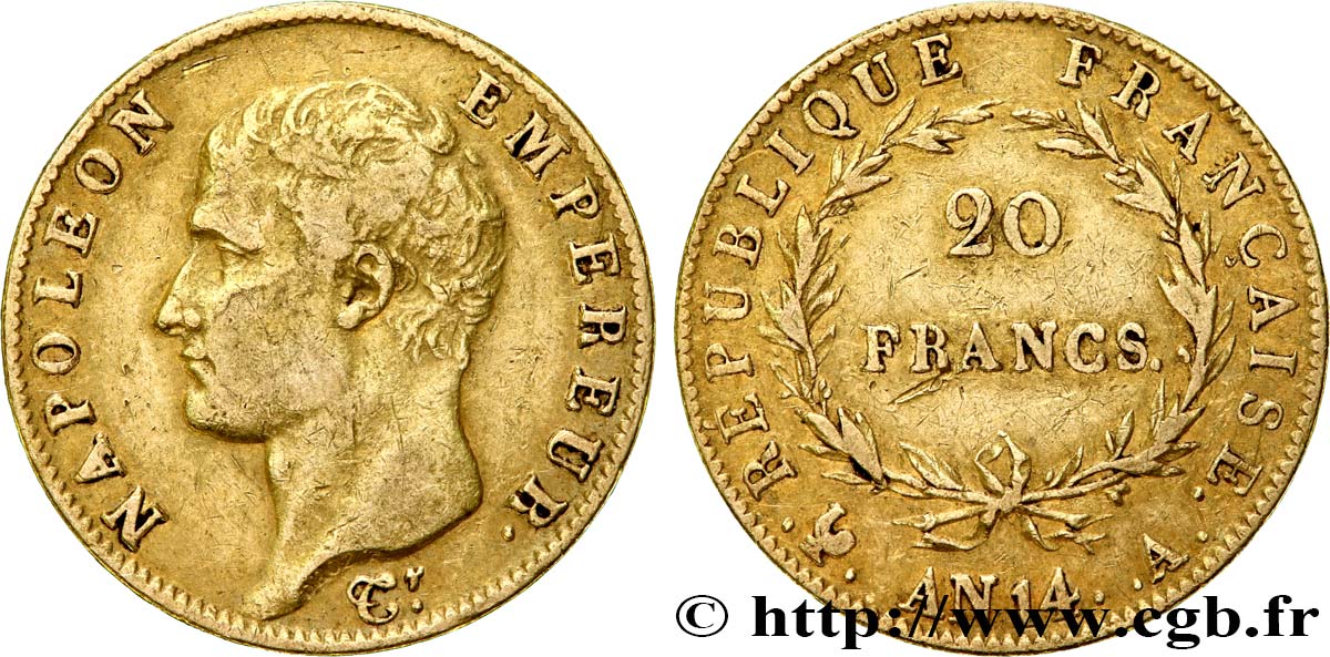 20 francs or Napoléon tête nue, Calendrier révolutionnaire 1805 Paris F.512/5 VF 