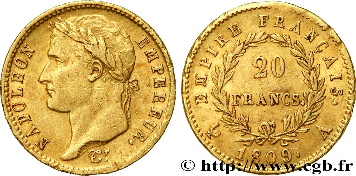 20 francs or Napoléon tête laurée, Empire français 1809 Paris F.516/1 MBC+ 