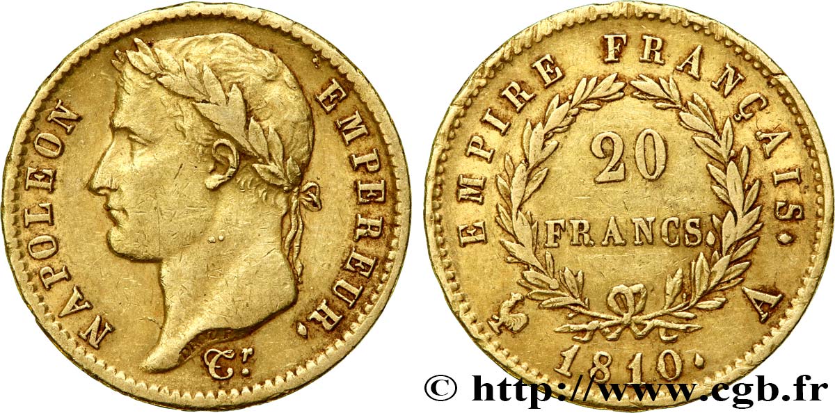 20 francs or Napoléon, tête laurée, Empire français 1810 Paris F.516/8 q.BB 