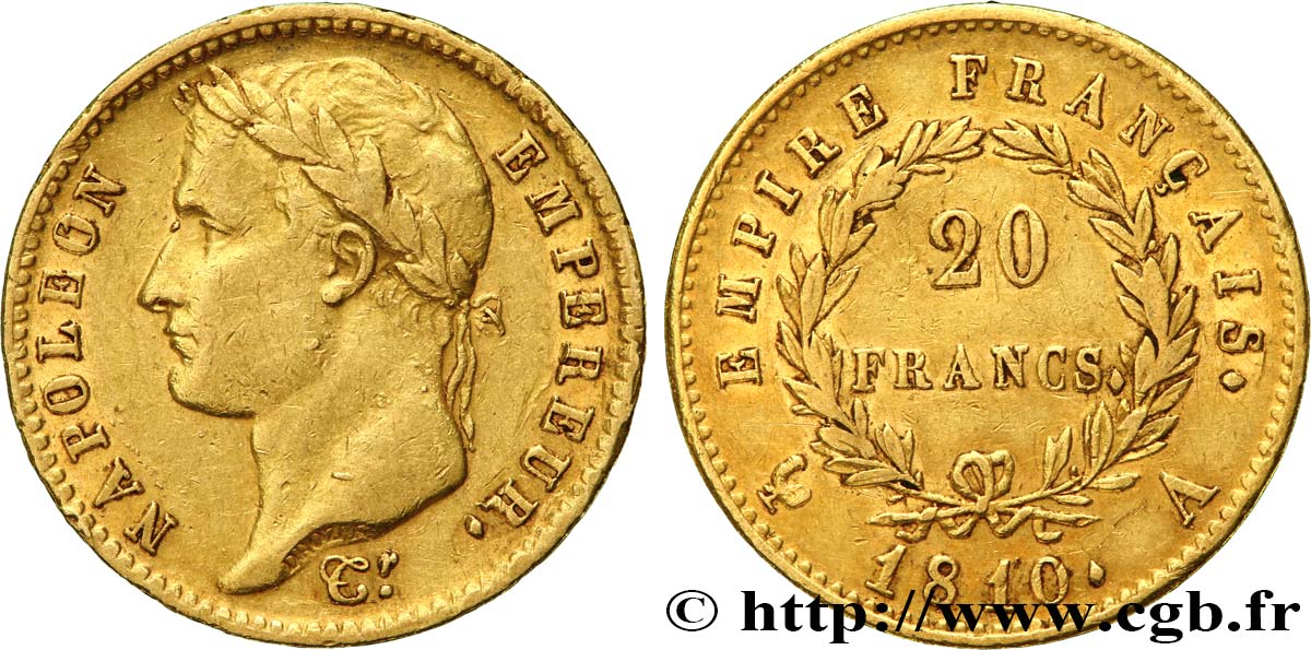 20 francs or Napoléon tête laurée, Empire français 1810 Paris F.516/9 MBC 