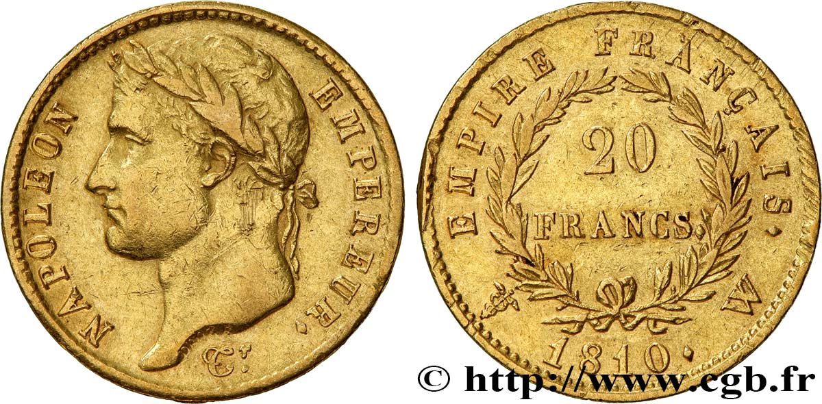 20 francs or Napoléon tête laurée, Empire français 1810 Lille F.516/15 XF 