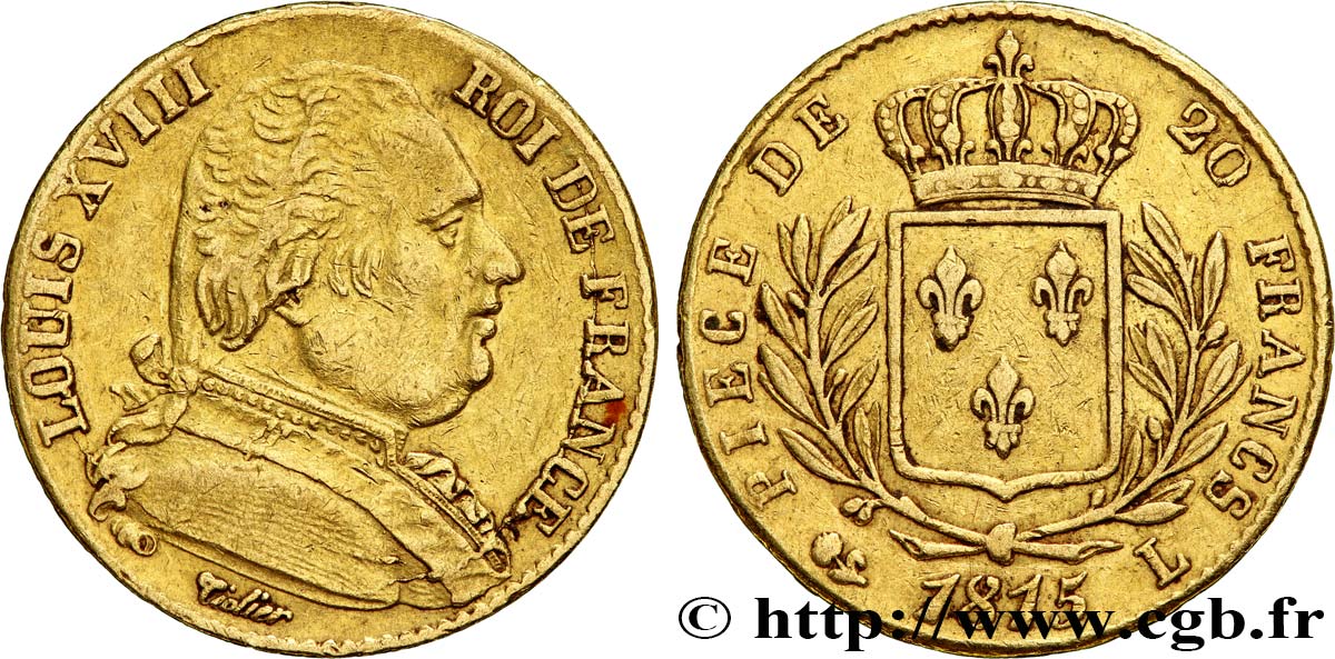 20 francs or Louis XVIII, buste habillé 1815 Bayonne F.517/14 SS 