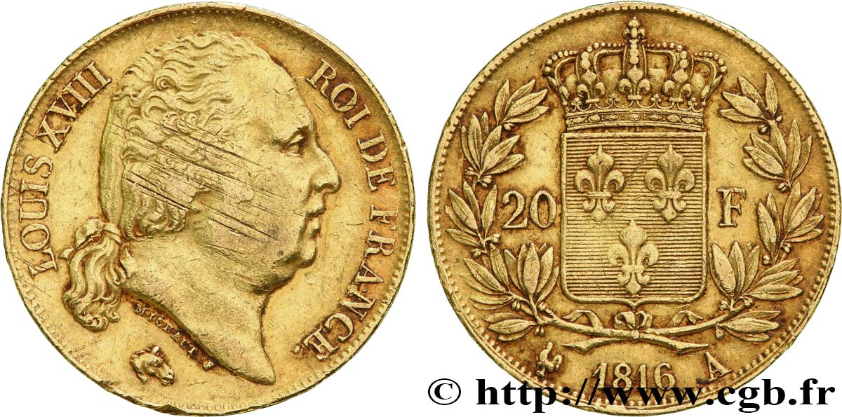 20 francs or Louis XVIII, tête nue 1816 Paris F.519/1 SS 
