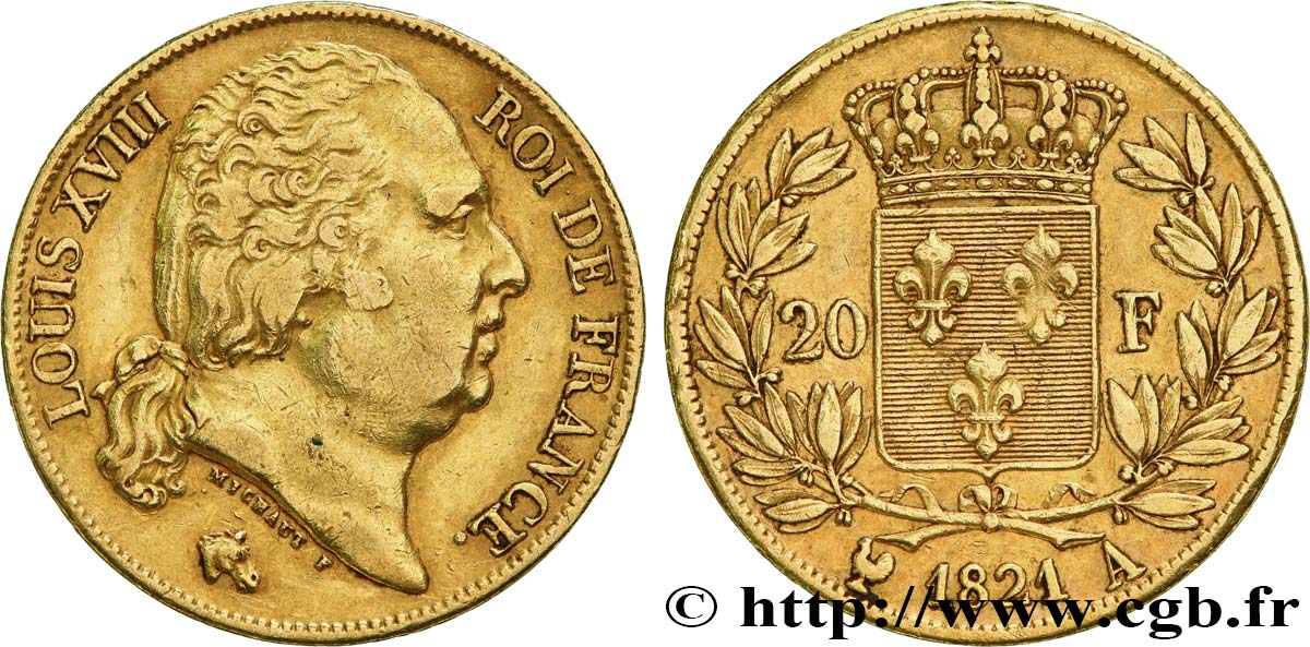 20 francs or Louis XVIII, tête nue 1821 Paris F.519/24 MBC 