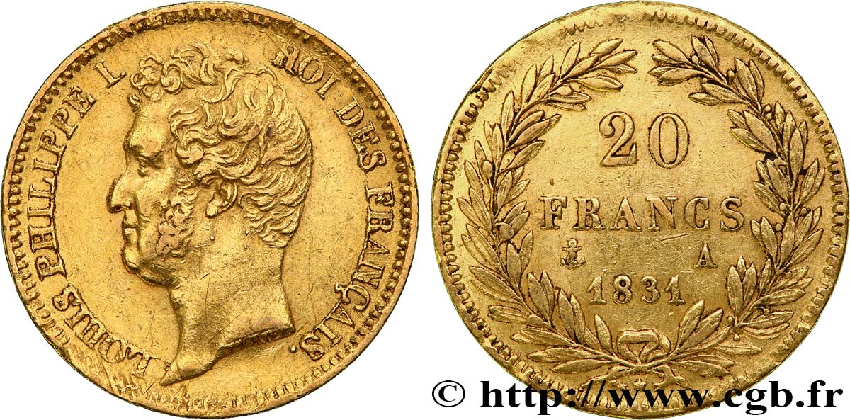 20 francs or Louis-Philippe, Tiolier, tranche inscrite en creux 1831 Paris F.524/2 XF45 