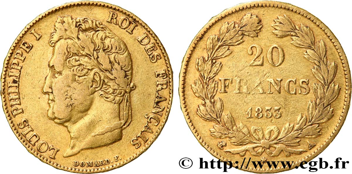 20 francs or Louis-Philippe, Domard 1833 Paris F.527/4 q.BB 