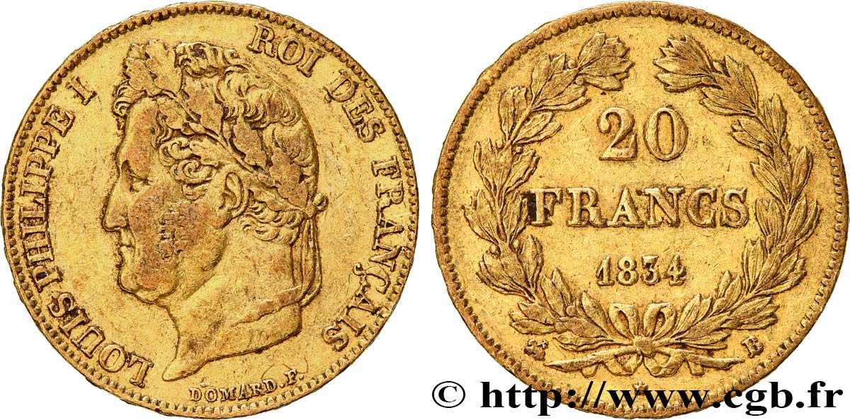 20 francs or Louis-Philippe, Domard 1834 Rouen F.527/8 VF 