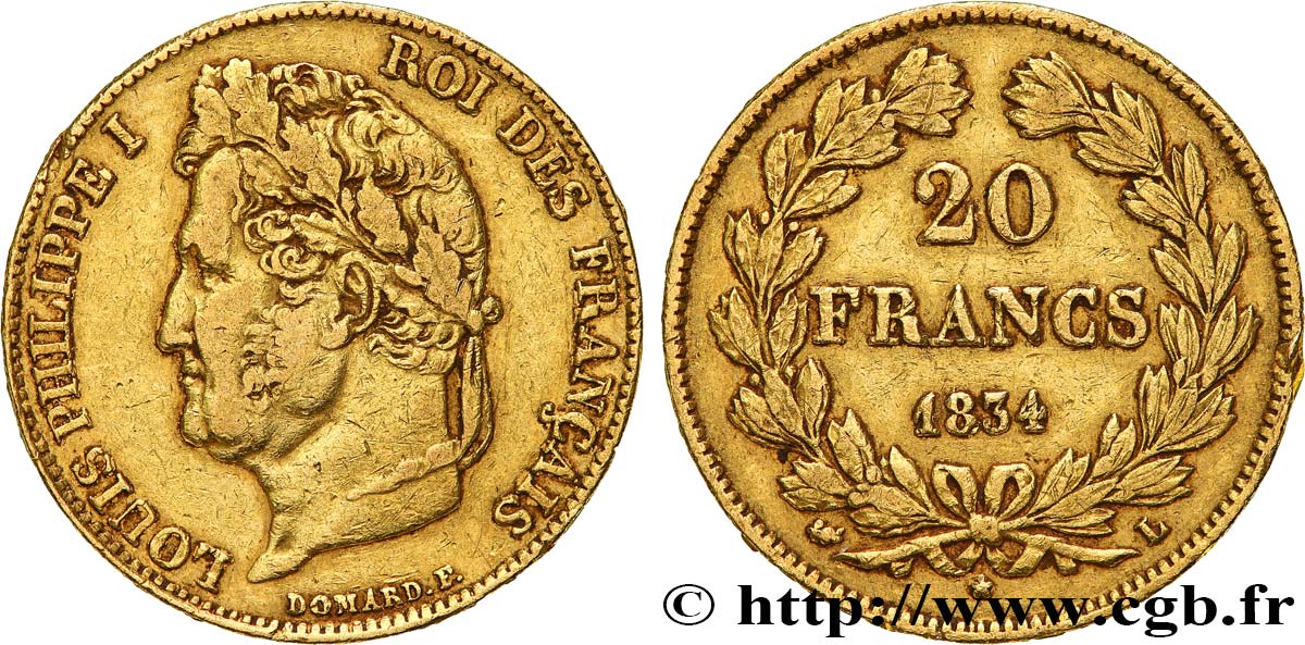 20 francs Louis-Philippe, Domard 1834 Bayonne F.527/9 VF 