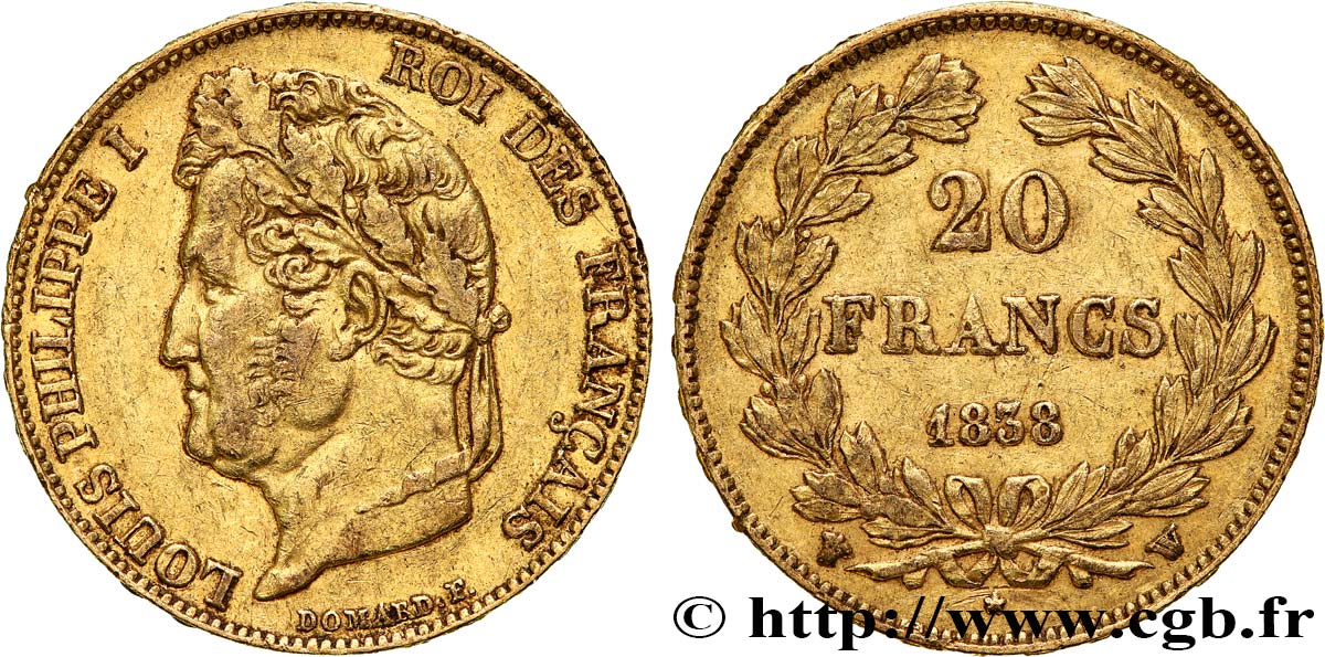 20 francs or Louis-Philippe, Domard 1838 Lille F.527/19 XF45 