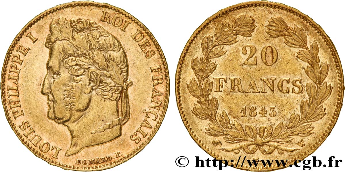 20 francs Louis-Philippe, Domard 1843 Lille F.527/30 AU53 