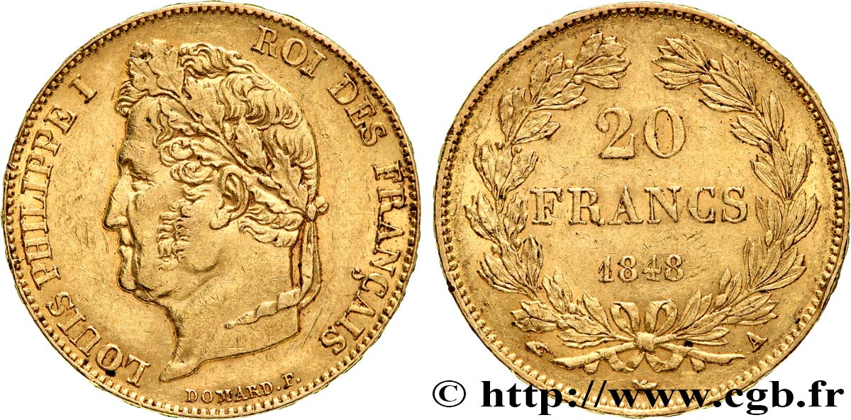 20 francs or Louis-Philippe, Domard 1848 Paris F.527/38 MBC+ 