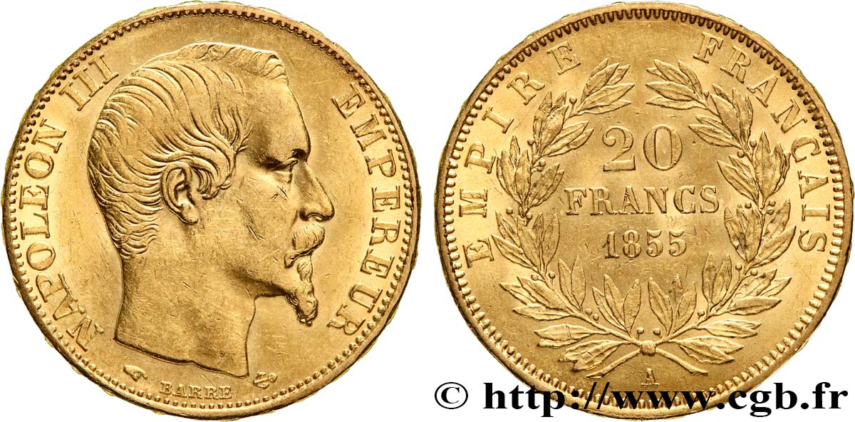 20 francs or Napoléon III, tête nue 1855 Paris F.531/4 EBC55 