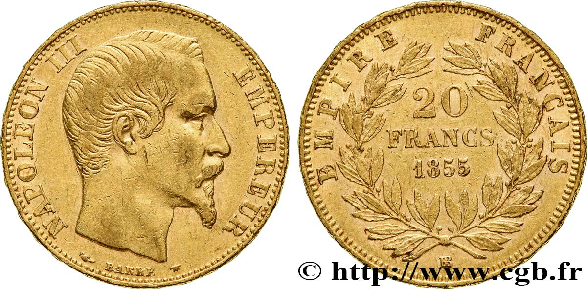 20 francs or Napoléon III, tête nue 1855 Strasbourg F.531/5 MBC 