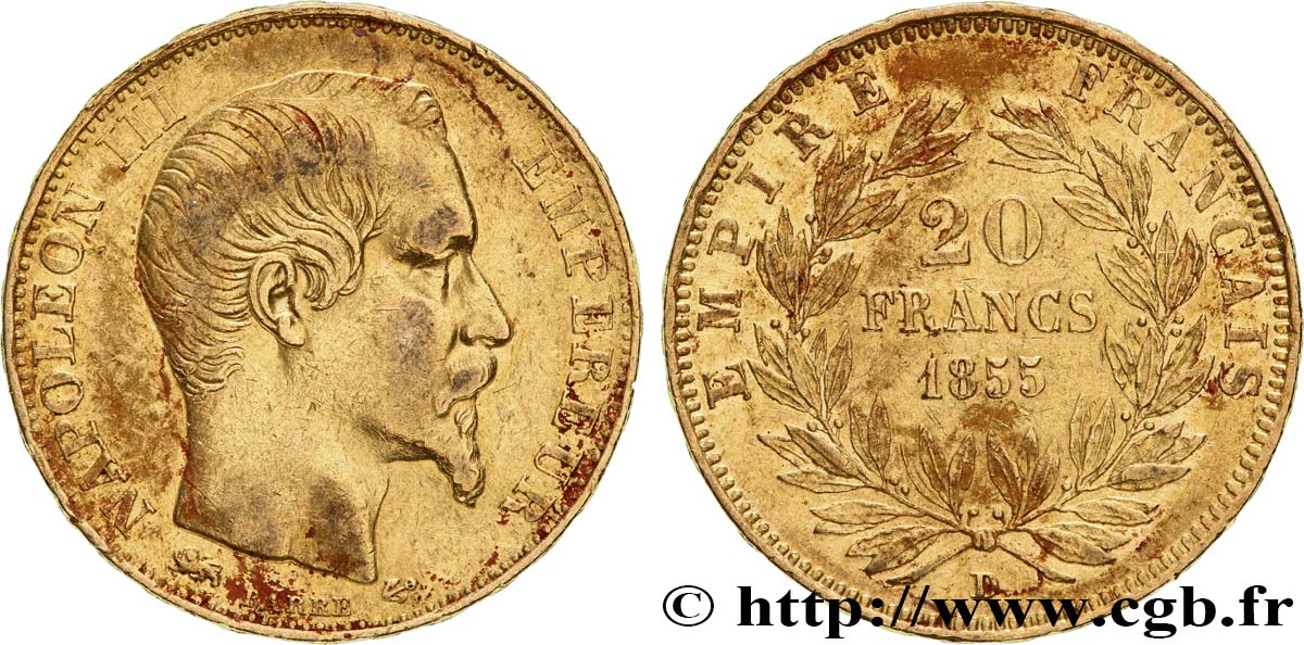 20 francs or Napoléon III, tête nue, Grand Lion 1855 Lyon F.531/8 VF 
