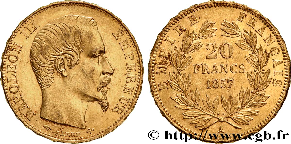 20 francs or Napoléon III, tête nue 1857 Paris F.531/12 AU58 