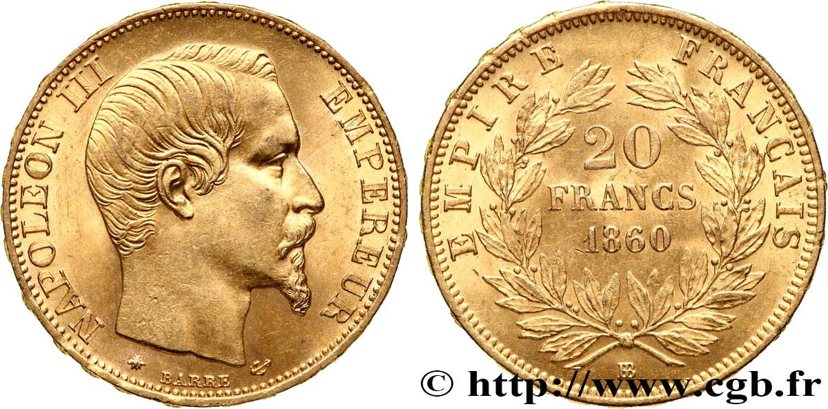 20 francs or Napoléon III, tête nue 1860 Strasbourg F.531/20 SUP58 