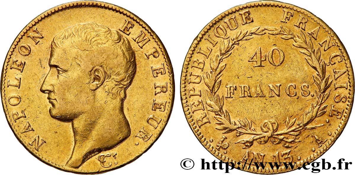 40 francs or Napoléon tête nue, Calendrier révolutionnaire 1805 Paris F.537/1 BB 