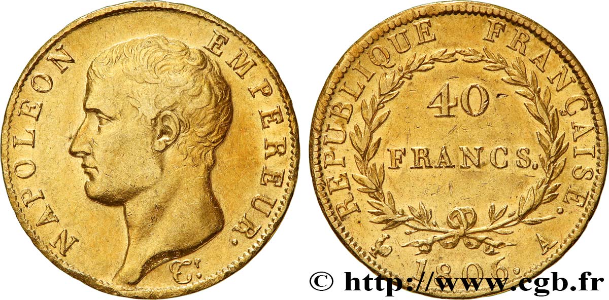 40 francs or Napoléon tête nue, Calendrier grégorien 1806 Paris F.538/1 MBC+ 