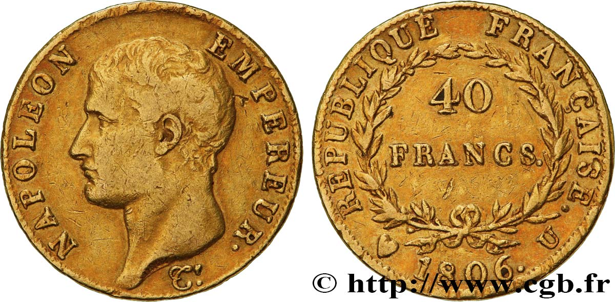 40 francs or Napoléon tête nue, Calendrier grégorien 1806 Turin F.538/4 VF35 
