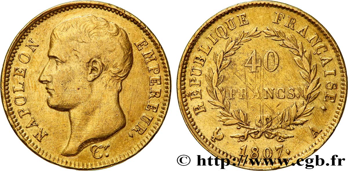 40 francs or Napoléon tête nue, type transitoire 1807 Paris F.539/1 VF 