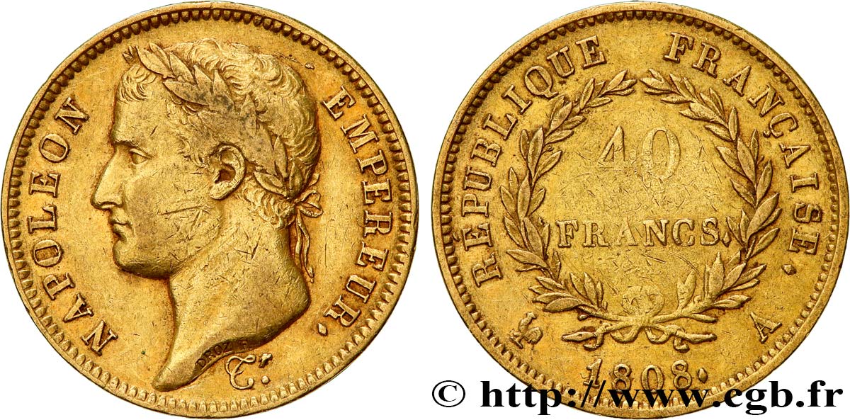 40 francs or Napoléon Ier tête laurée, République française 1808 Paris F.540/2 VF35 