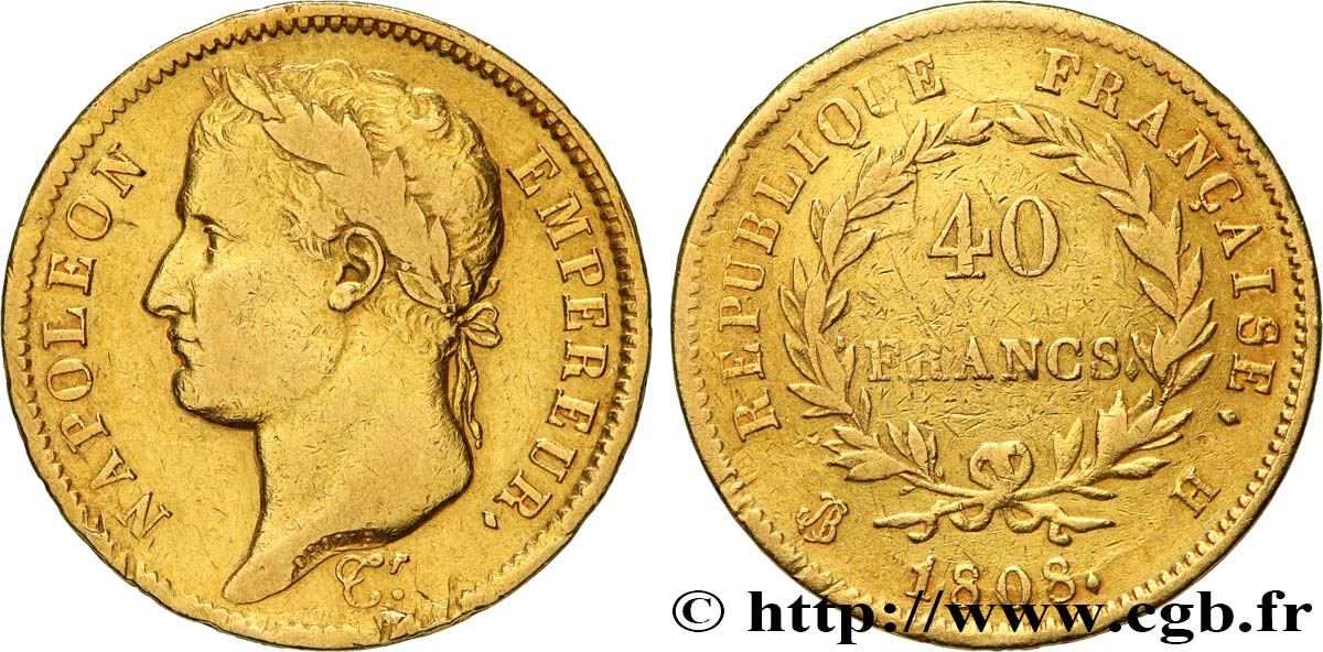 40 francs or Napoléon tête laurée, République française 1808 La Rochelle F.540/3 VF 