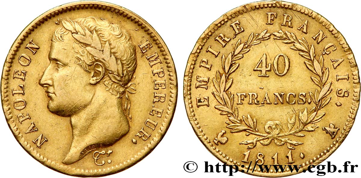 40 francs or Napoléon tête laurée, Empire français 1811 Paris F.541/7 XF 